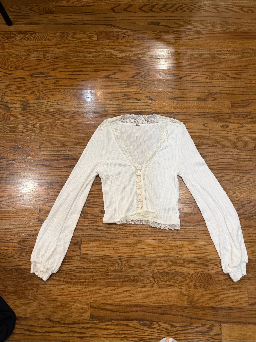 Free People Cream Lace-Trim Button Front Cropped Top